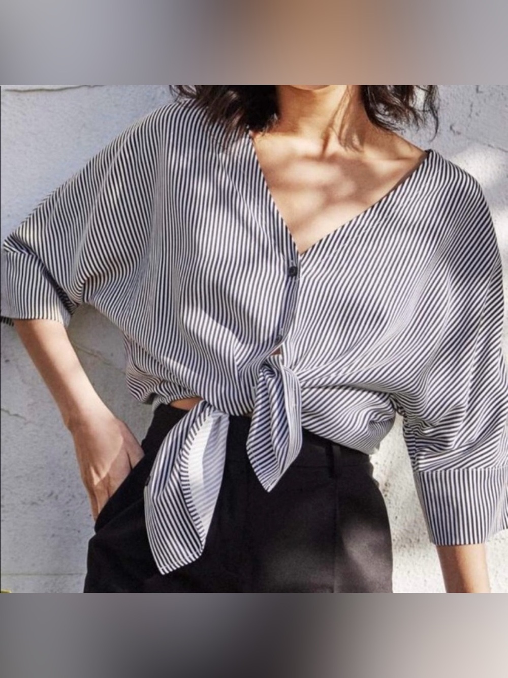 Vetta White Black Capsule Boyfriend Striped Multi Way Tencel Top Womens Medium